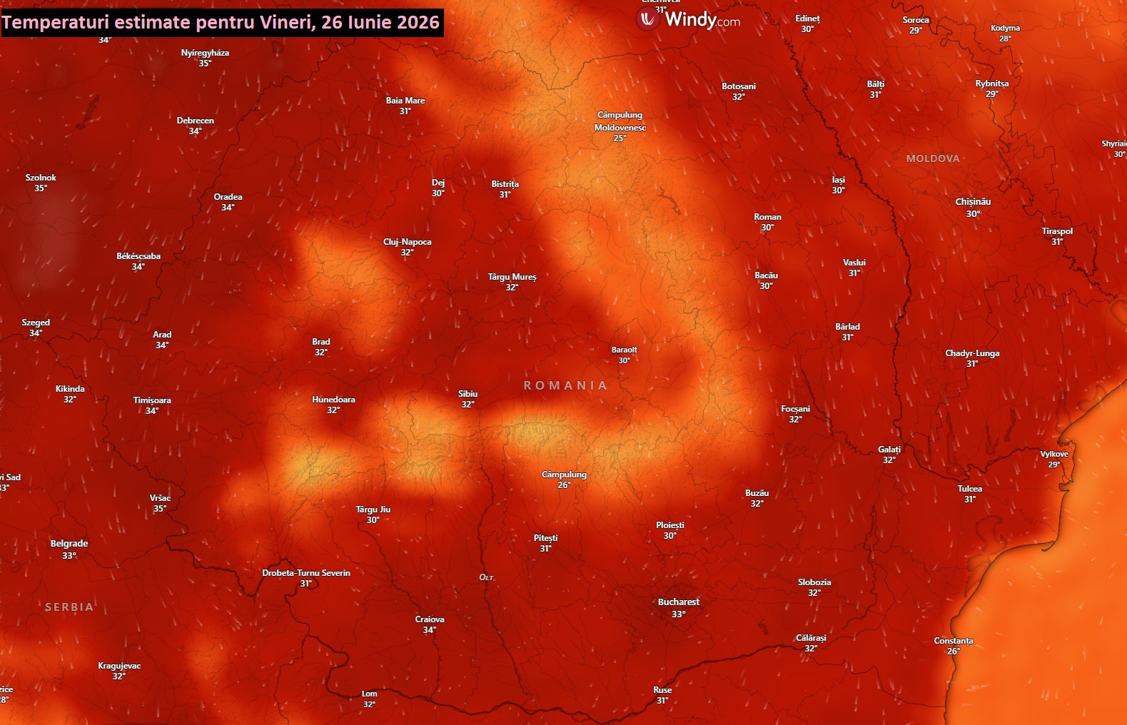 Temperaturi estimate pentru Vineri, 26 Iunie 2026