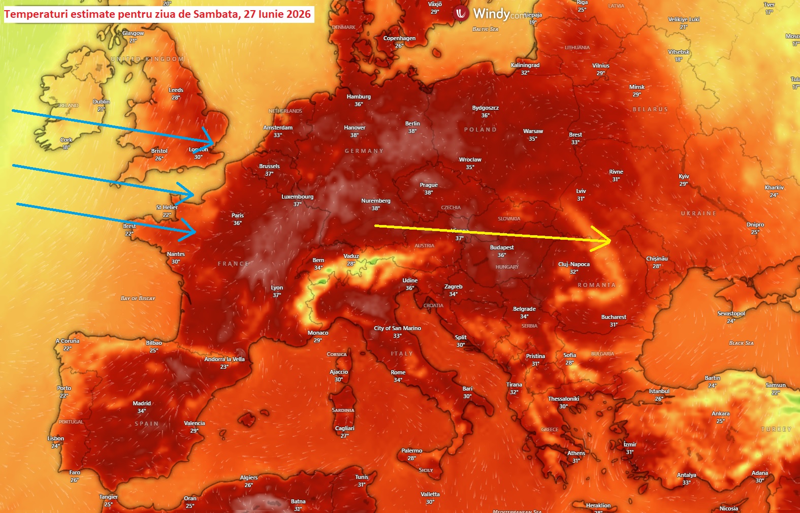 Temperaturi estimate pentru Sambata, 27 iunie 2026