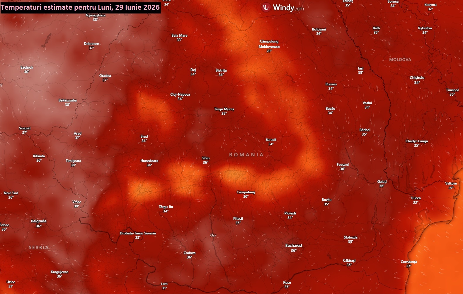 Temperaturi estimate pentru luni, 29 iunie 2026