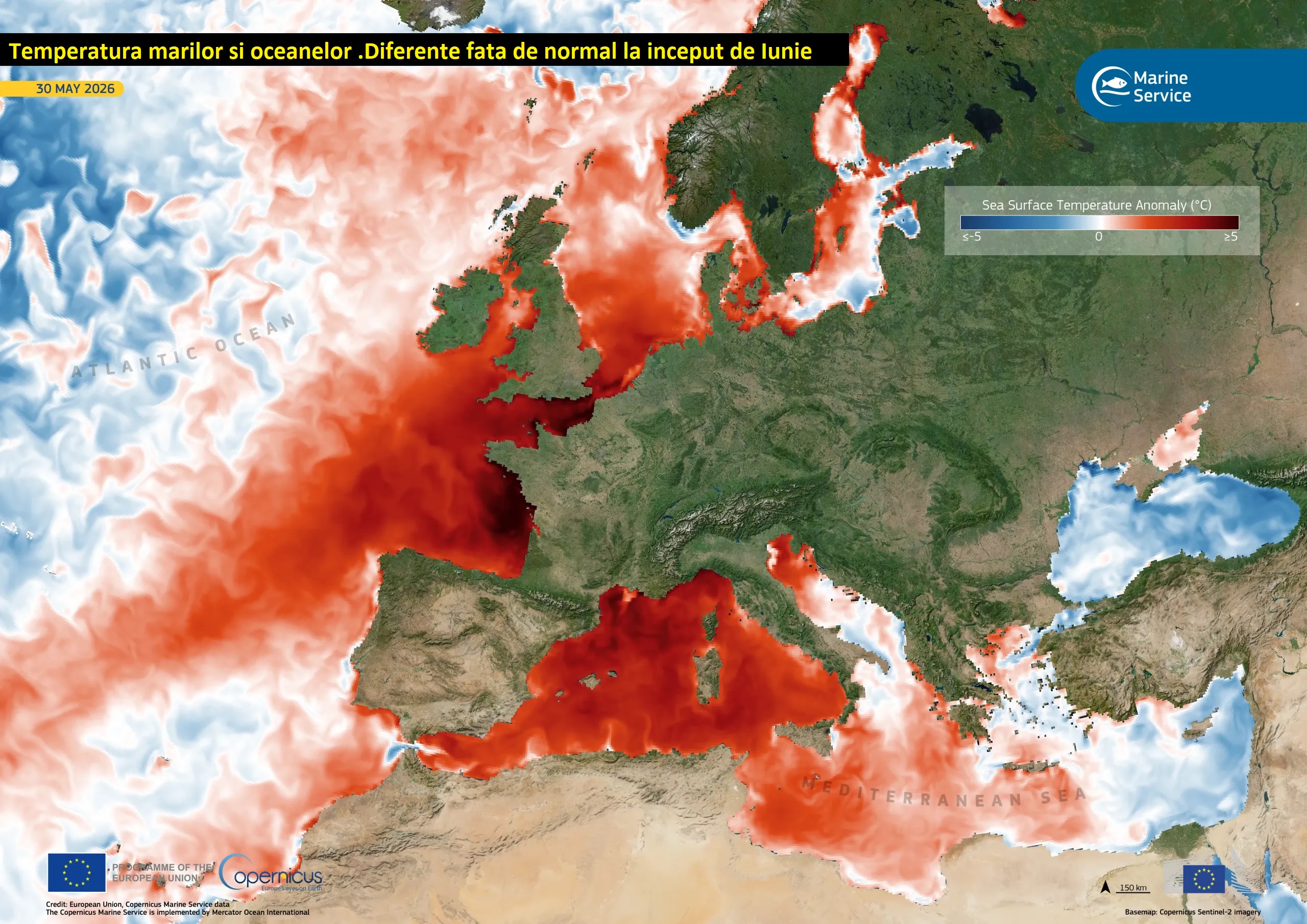 Temperatura marilor si oceanelor. Diferente fata de normal la final de Mai