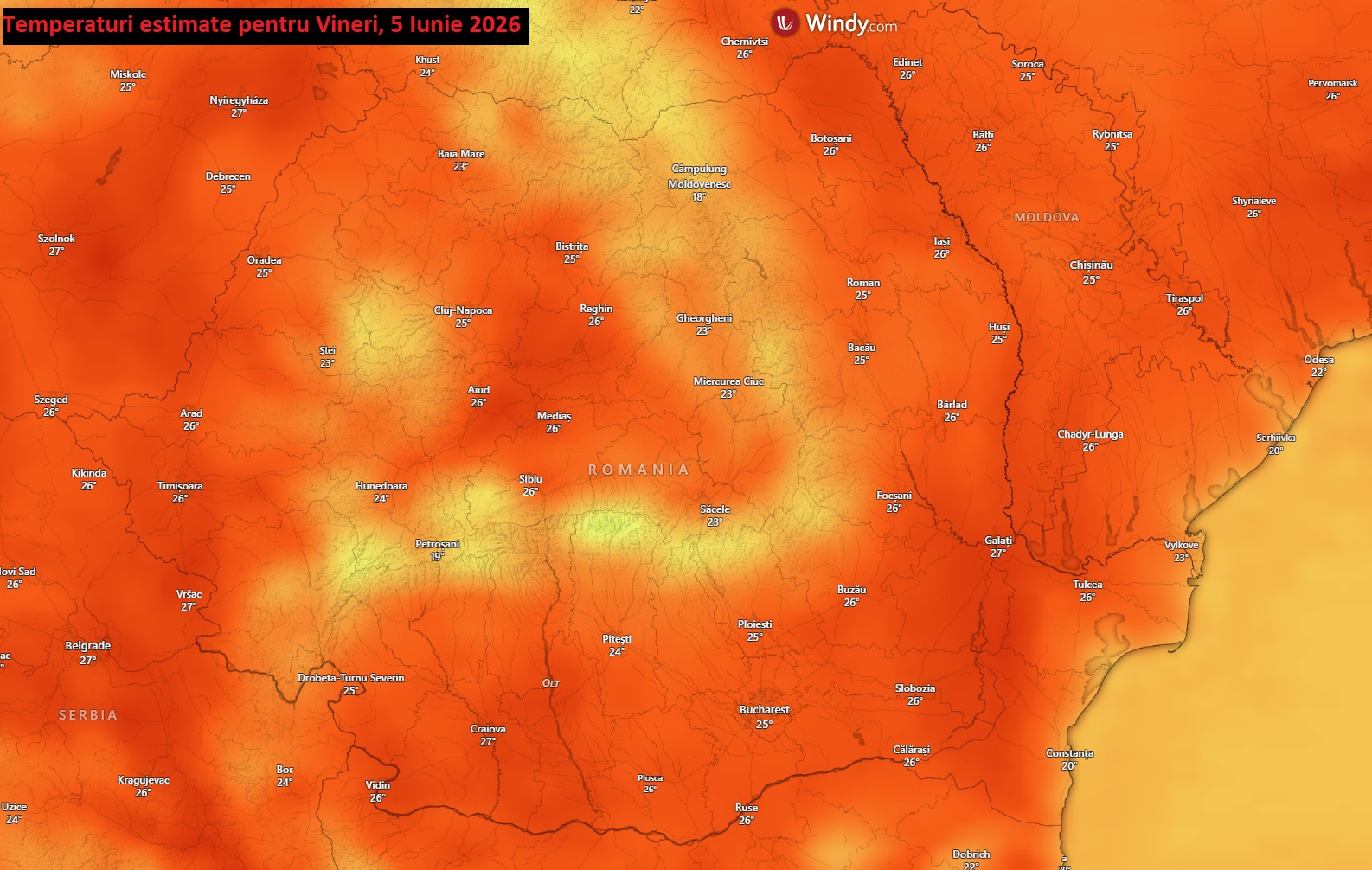 Temperaturi estimate pentru Vineri, 5 Iunie 2026