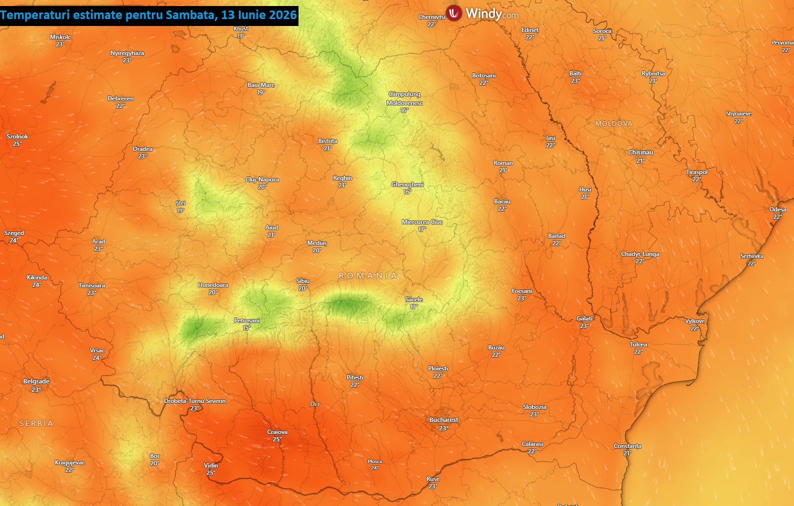 Temperaturi estimate pentru Sambata, 13 Iunie 2026