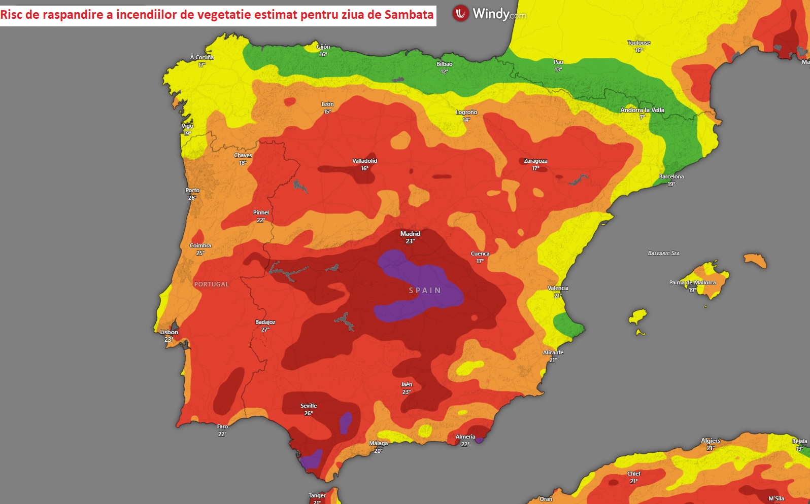 Riscul de incendii estimat pentru ziua de sâmbătă, 13 iunie 2026, în zona Spaniei