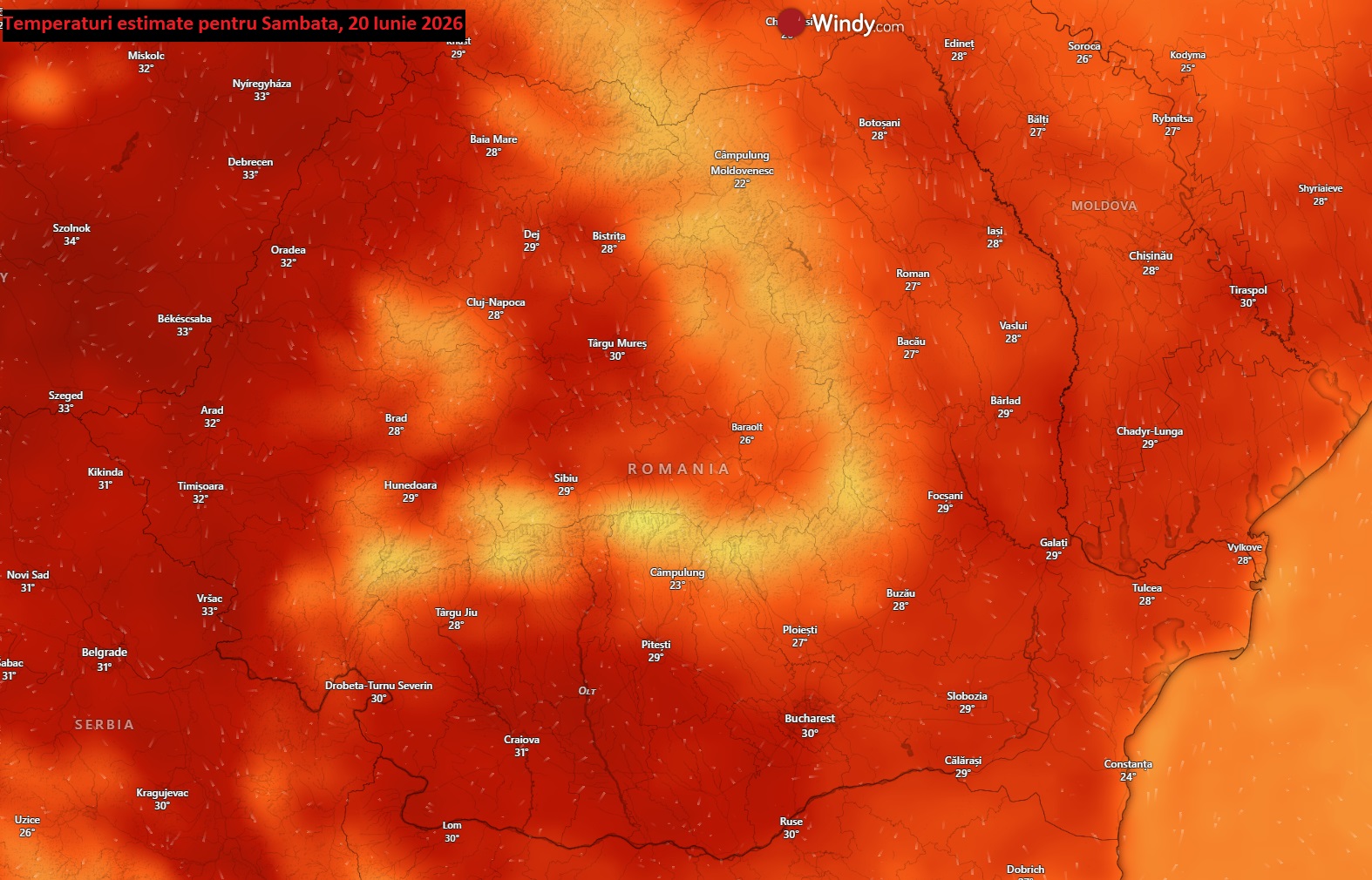 Temperaturi estimate pentru Sâmbătă, 20 Iunie 2026
