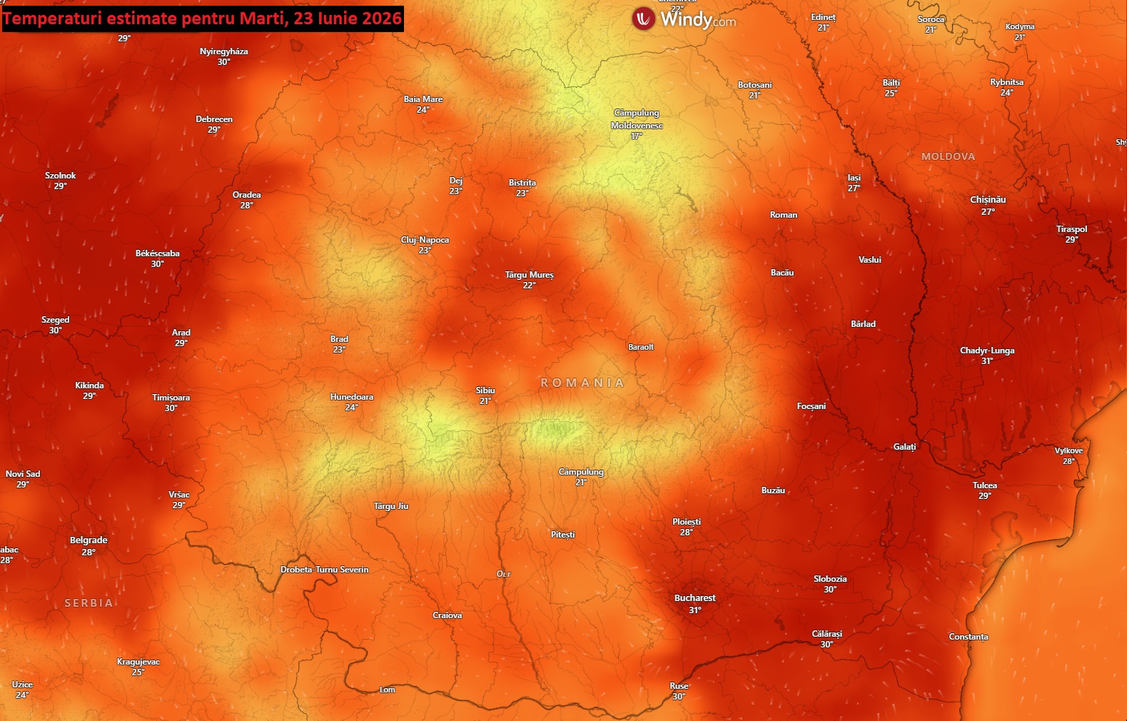 Temperaturi estimate pentru Marți, 23 Iunie 2026