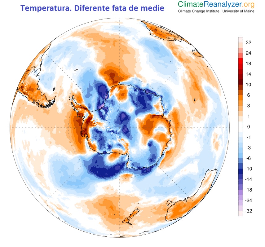 Temperaturi în Antarctica. Diferențe față de medie în data de 3 iunie 2026
