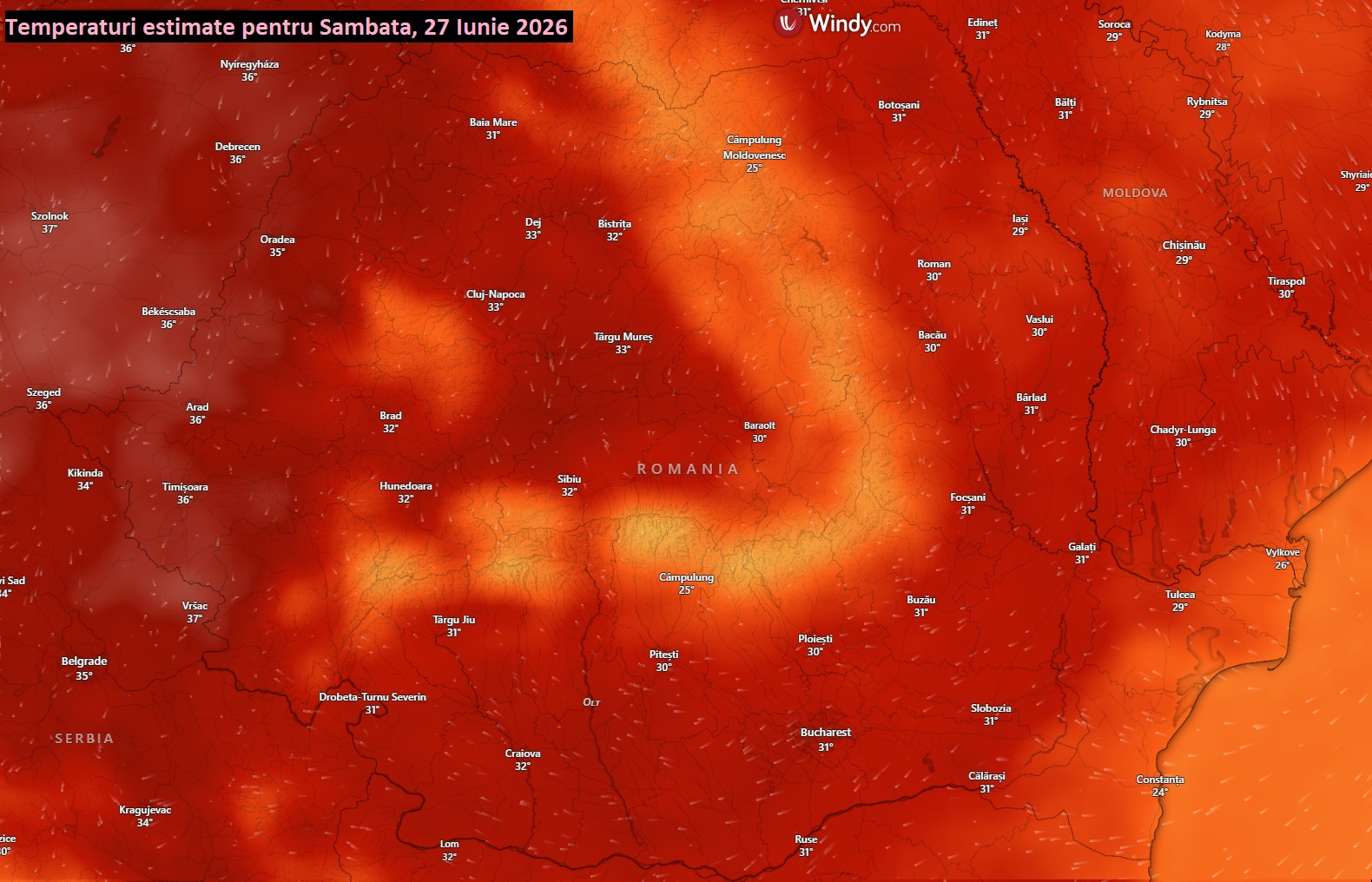 Temperaturi estimate pentru Sâmbătă, 27 Iunie 2026