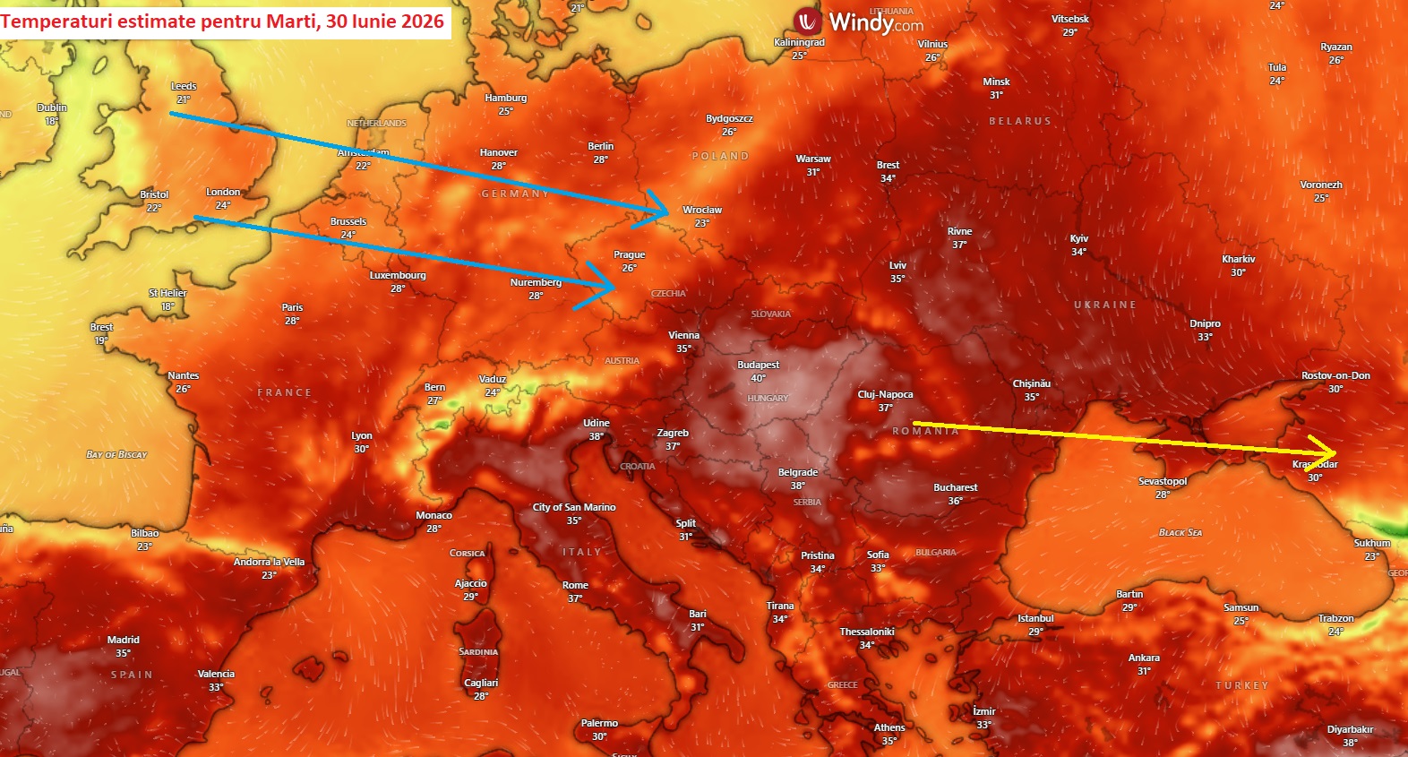 Temperaturi estimate pentru Marți, 30 Iunie 2026