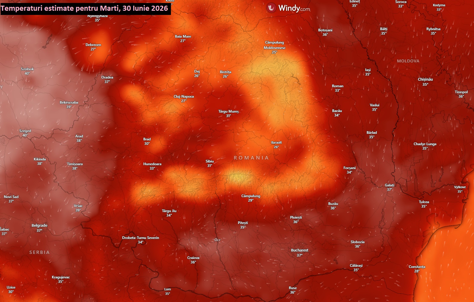 Temperaturi estimate pentru marți, 30 iunie 2026