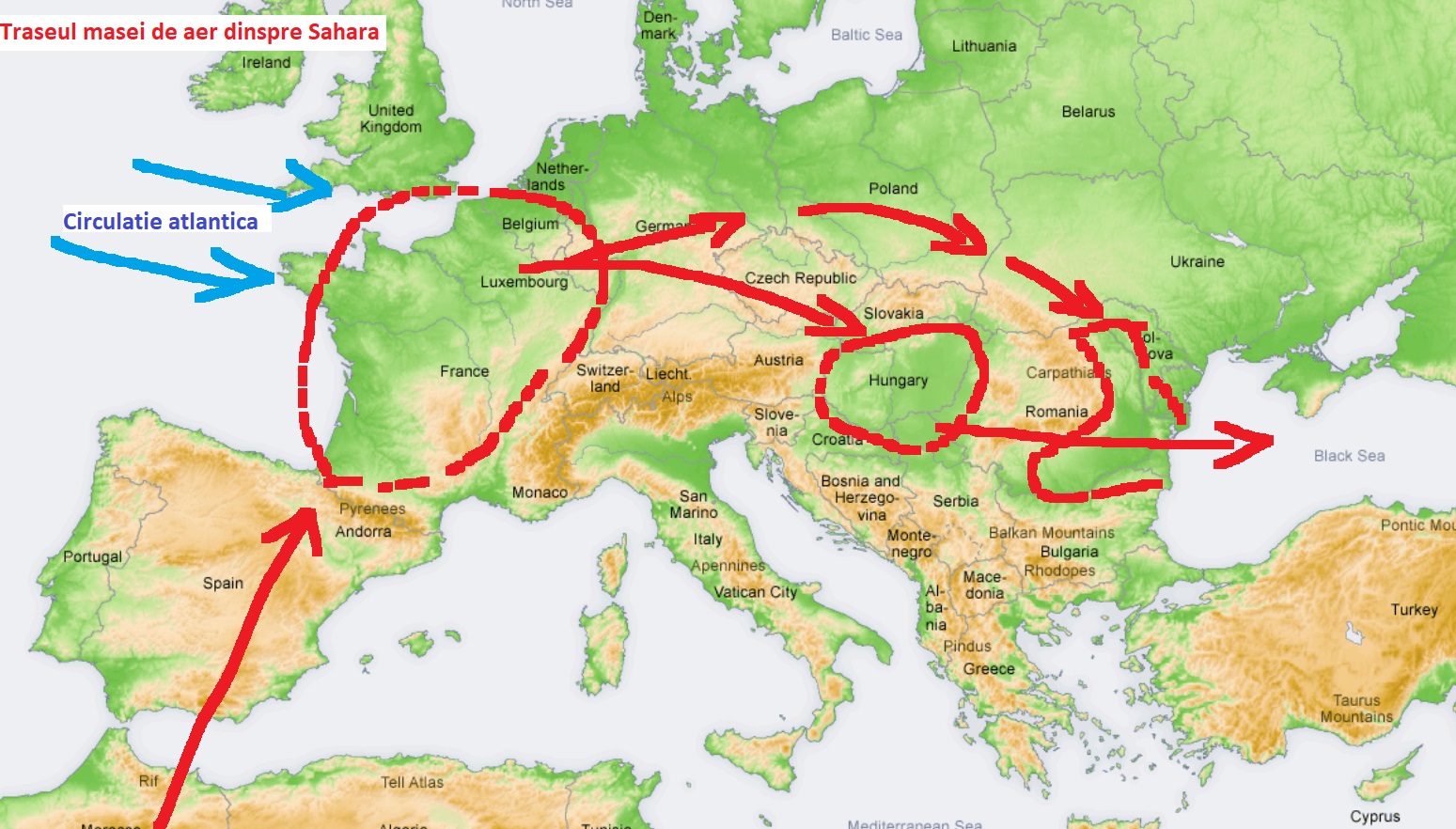Traseul masei de aer nord-africane prin Europa