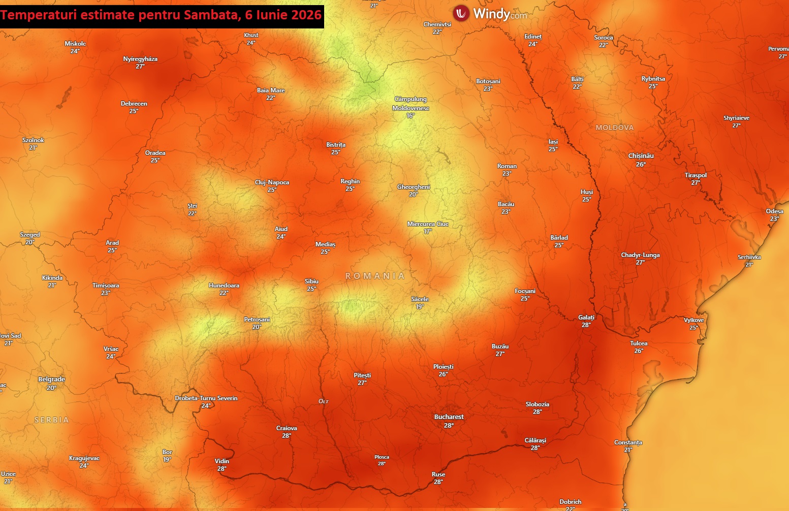 Temperaturi estimate pentru Sâmbătă, 6 Iunie 2026