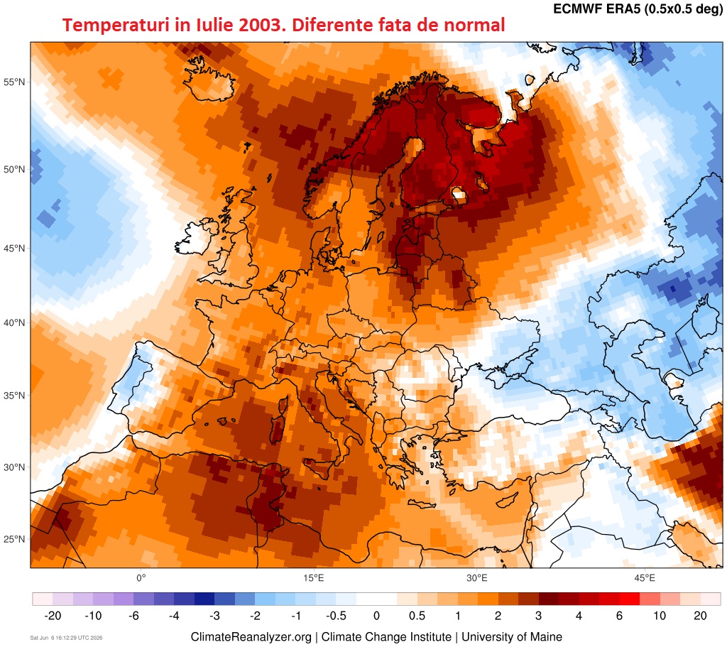 Temperaturi în iulie 2003. Diferențe față de medie