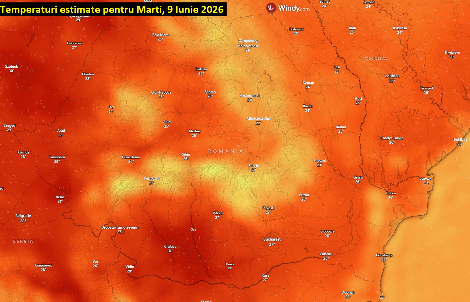 Temperaturi estimate pentru marți, 9 iunie 2026