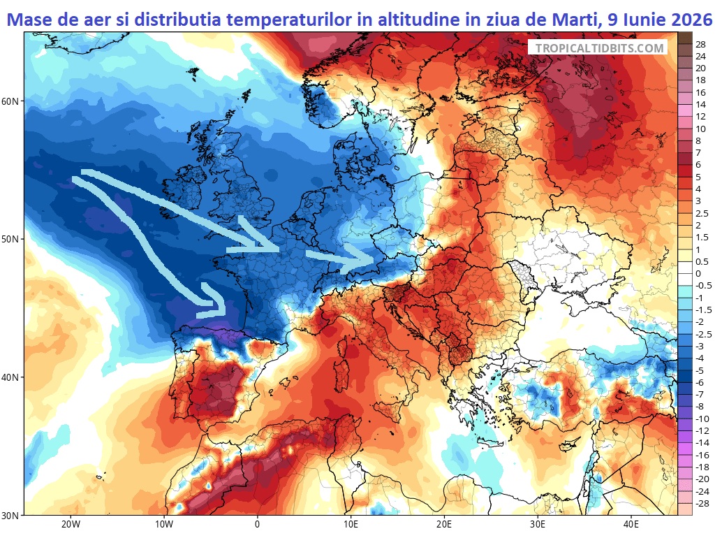 Mase de aer si distributia temperaturilor in altitudine estimata pentru Marti, 9 Iunie 2026