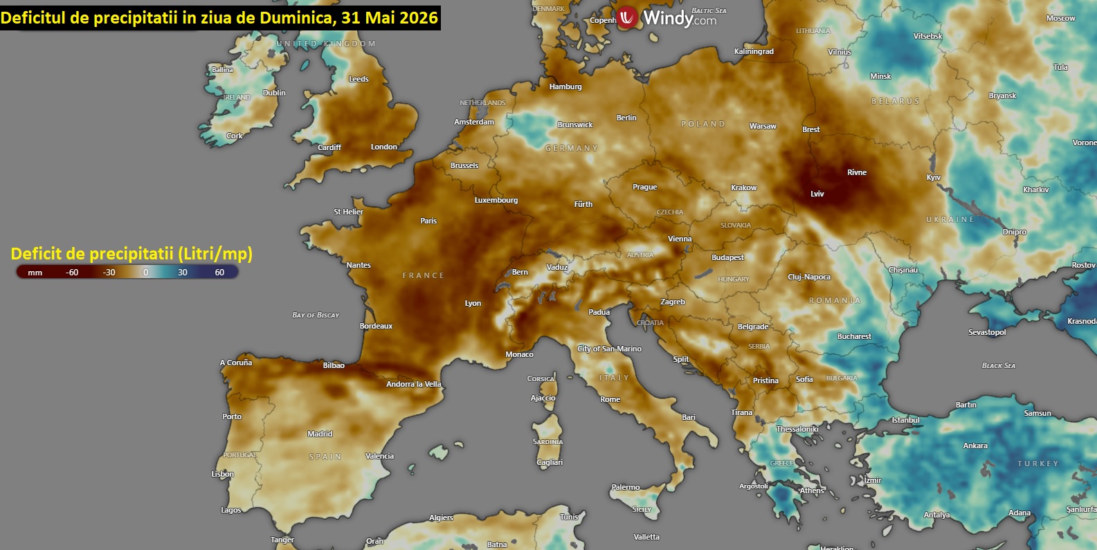 Deficitul de precipitatii in Europa, in data de 31 Mai 2026