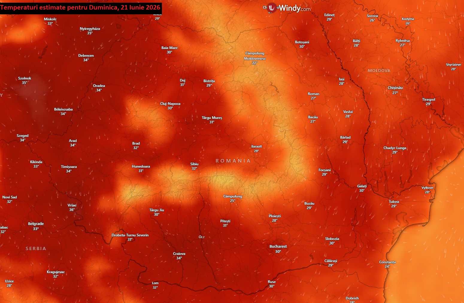 Temperaturi estimate pentru Duminică, 21 Iunie 2026