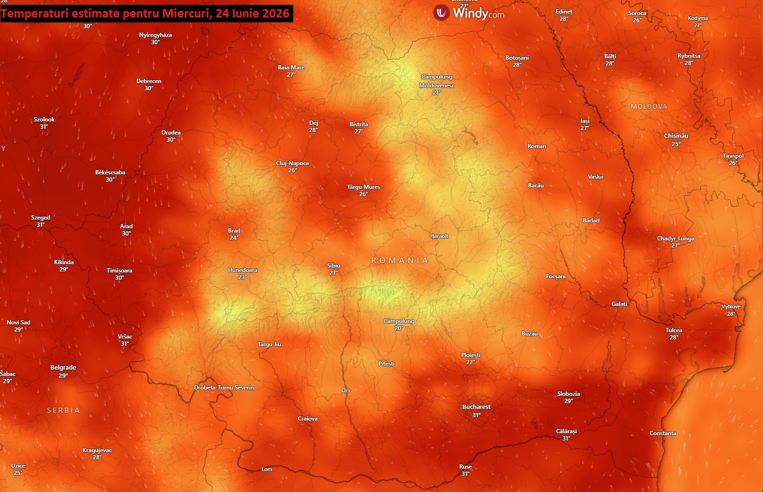 Temperaturi estimate pentru Miercuri, 24 Iunie 2026