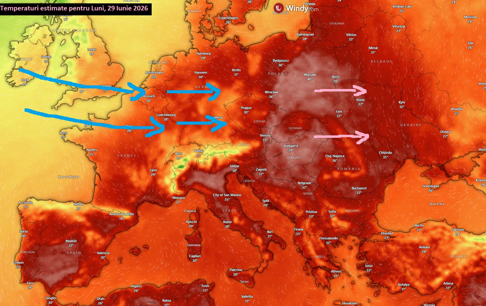 Temperaturi estimate pentru Luni, 29 Iunie 2026