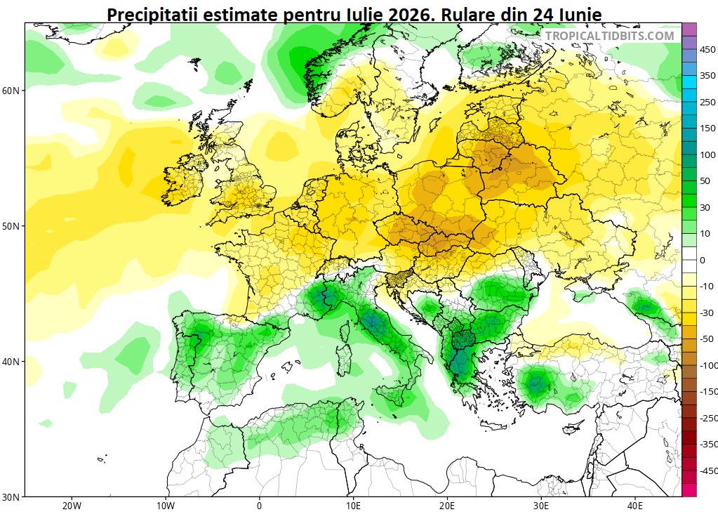 Precipitatii estimate pentru Iulie 2026. Rulare din 24 Iunie