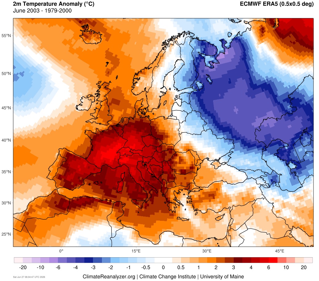 Temperatura medie a lunii Iunie 2003. Diferențe față de medie
