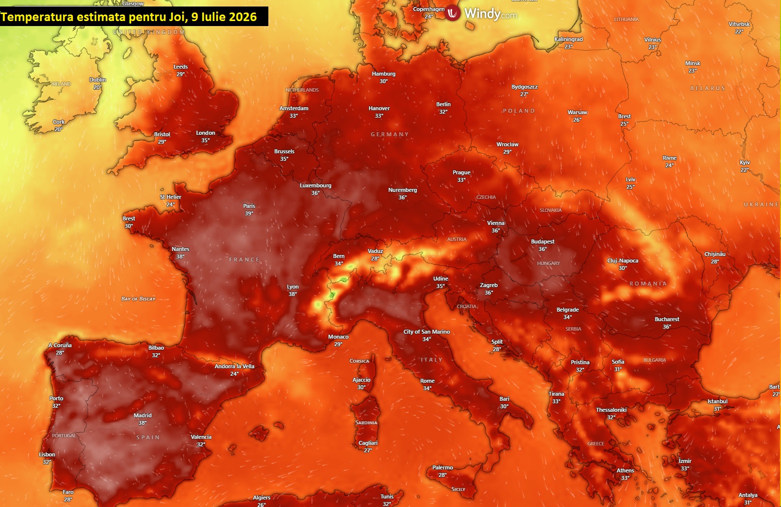 Temperaturi estimate pentru Joi, 9 Iulie 2026