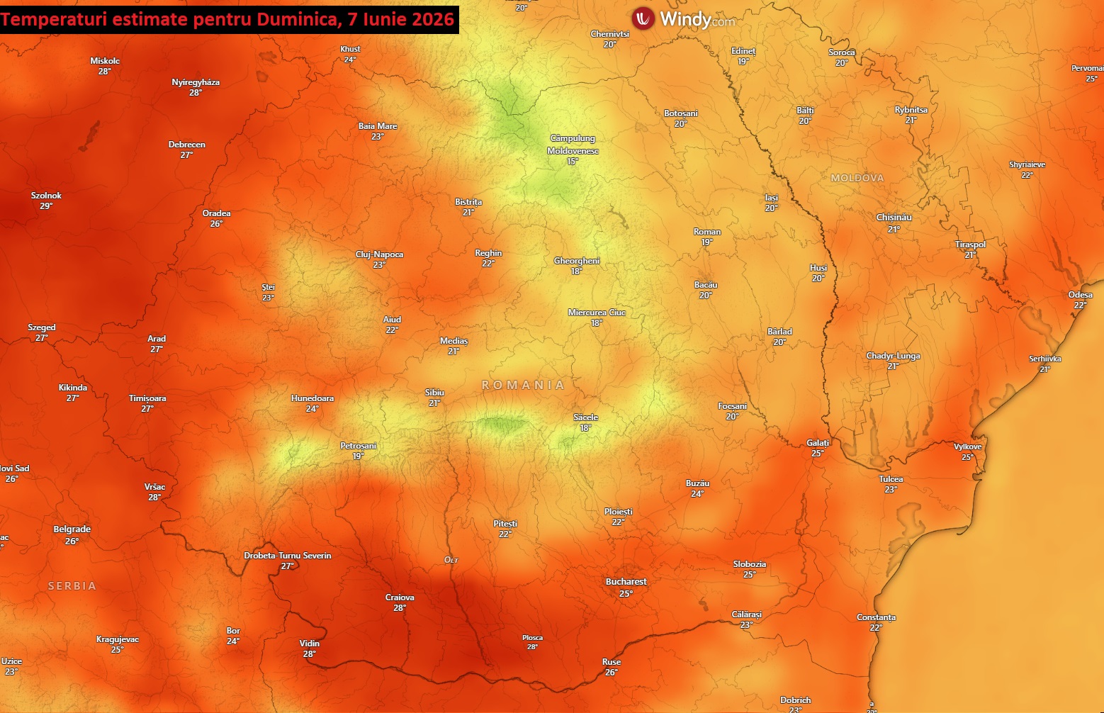 Temperaturi estimate pentru Duminică, 7 Iunie 2026