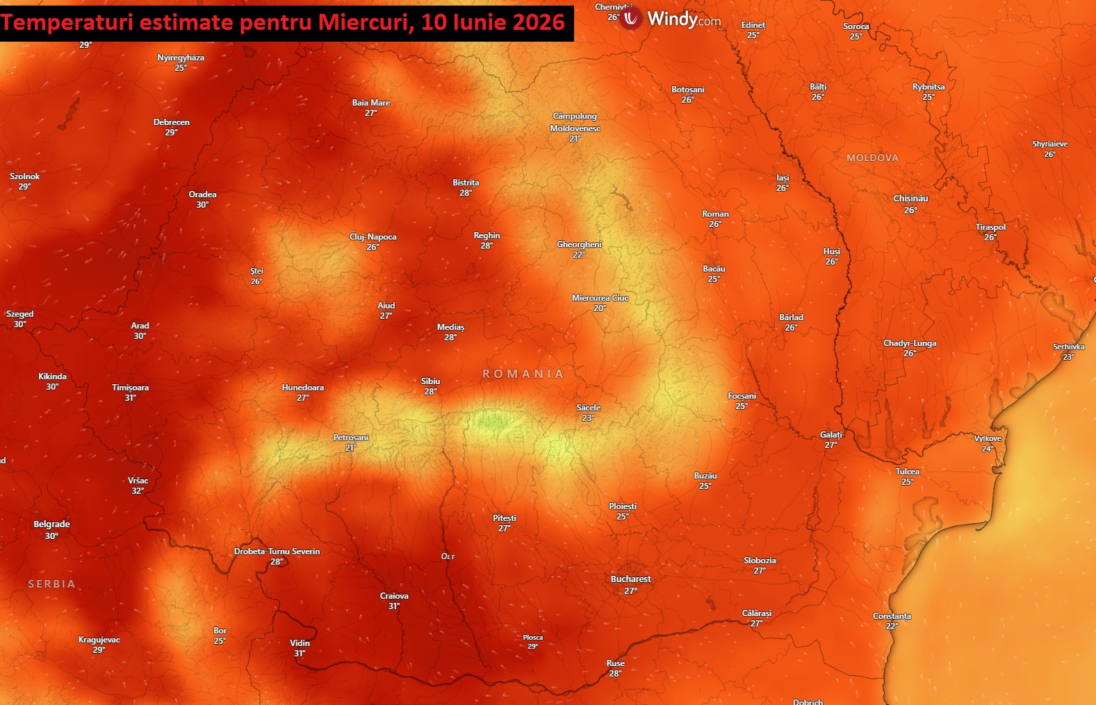 Temperaturi estimate pentru miercuri, 10 iunie 2026