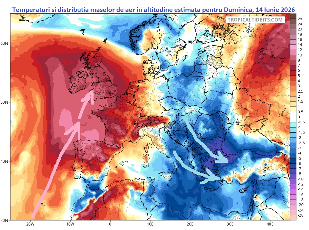 Mase de aer și distribuția temperaturilor estimată pentru duminică, 14 iunie 2026