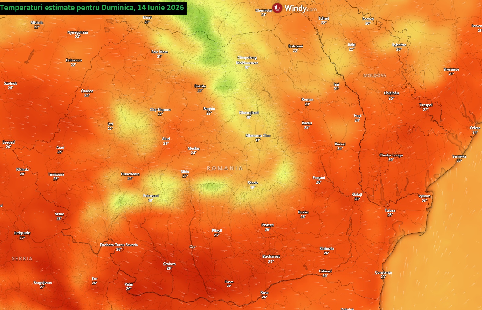 Temperaturi estimate pentru Duminica, 14 Iunie 2026