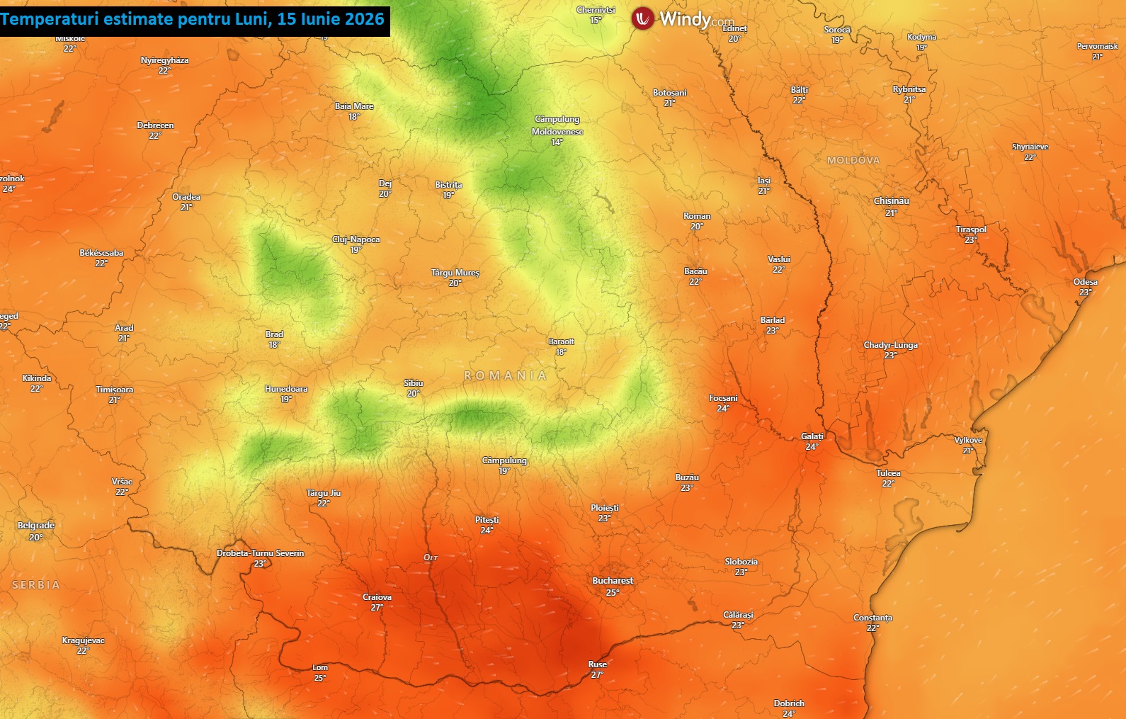 Temperaturi estimate pentru Luni, 15 Iunie 2026