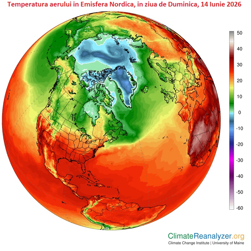 Temperatura aerului, in Emisfera Nordica in ziua de Duminica, 14 Iunie 2026