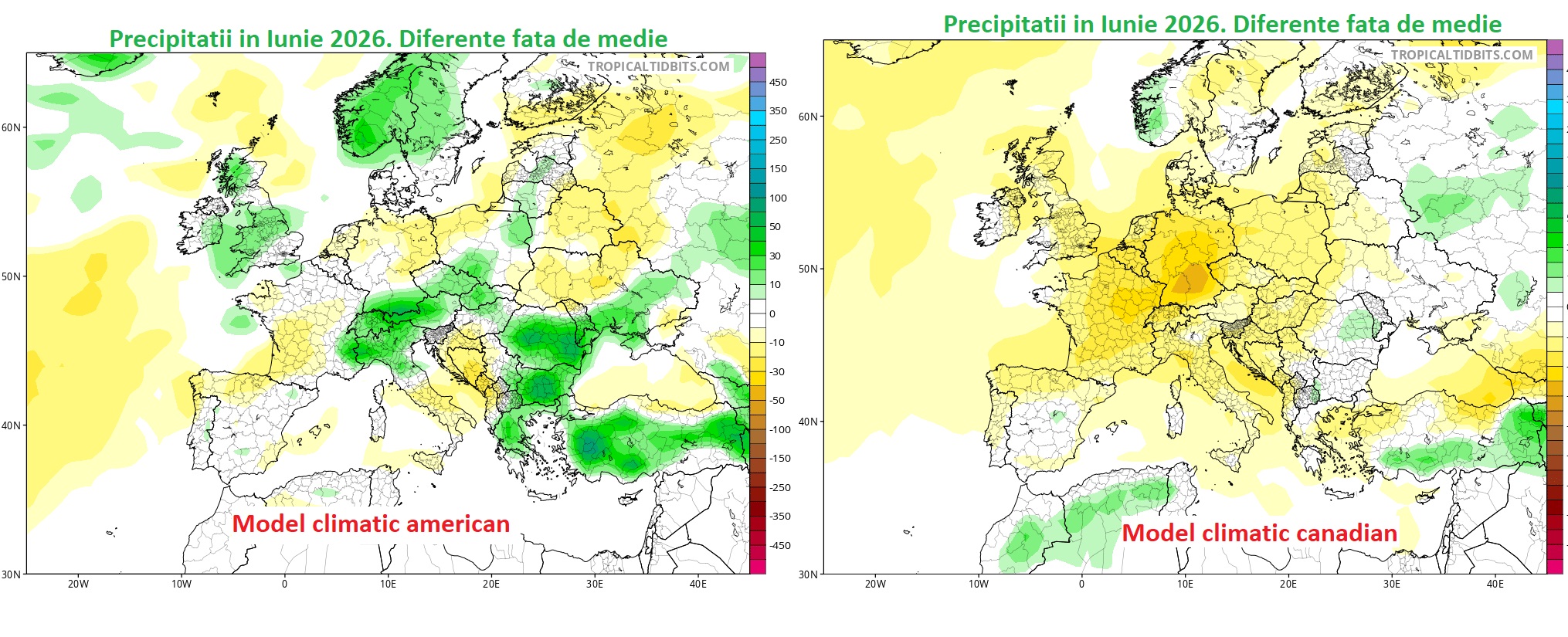 Precipitații în Iunie. Diferențe față de normal în estimarea modelelor climatice american și canadian