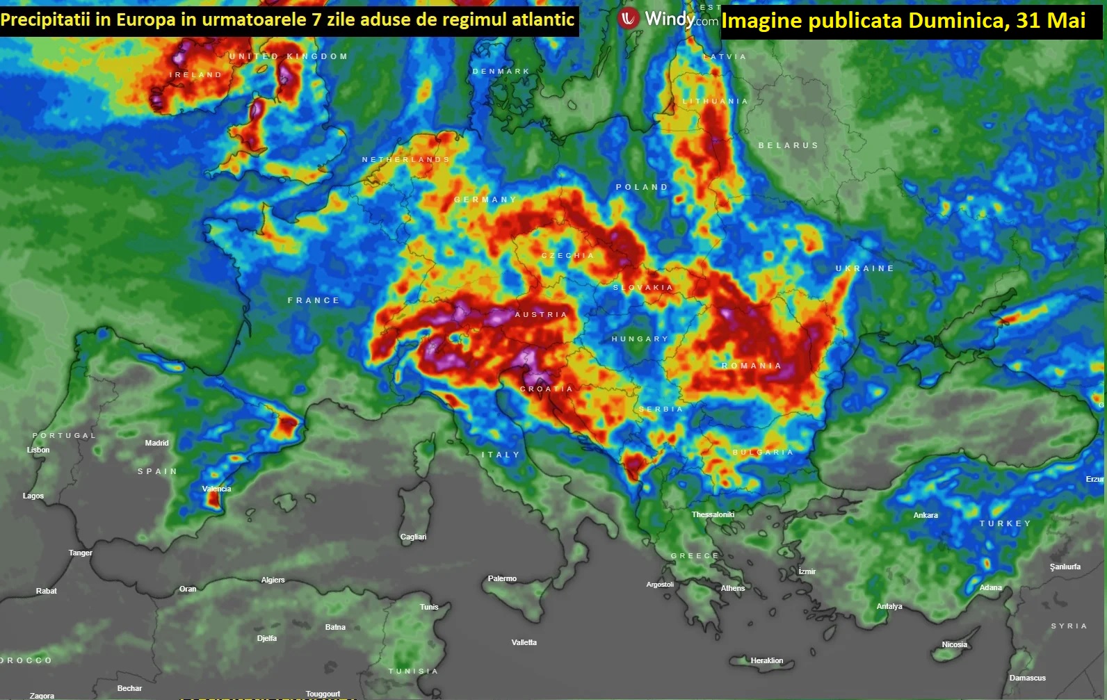 Precipitatii estimate pentru perioada 1-8 Iunie 2026