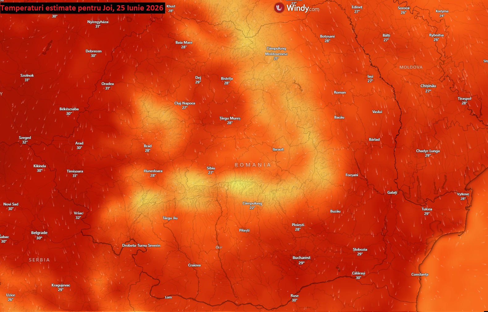 Temperaturi estimate pentru Joi, 25 Iunie 2026