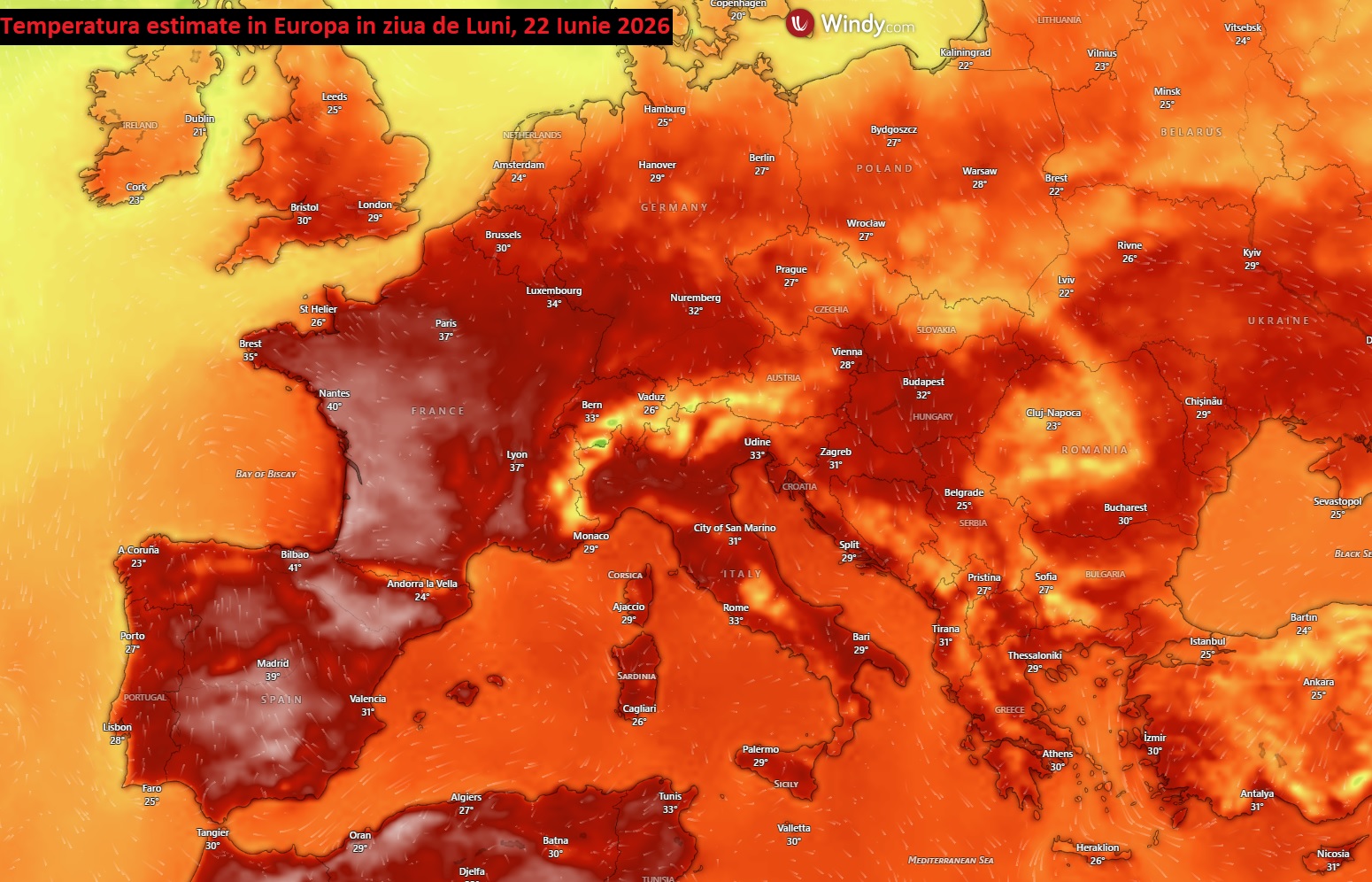 Temperatura in Europa. Estimare pentru Luni, 22 Mai 2026