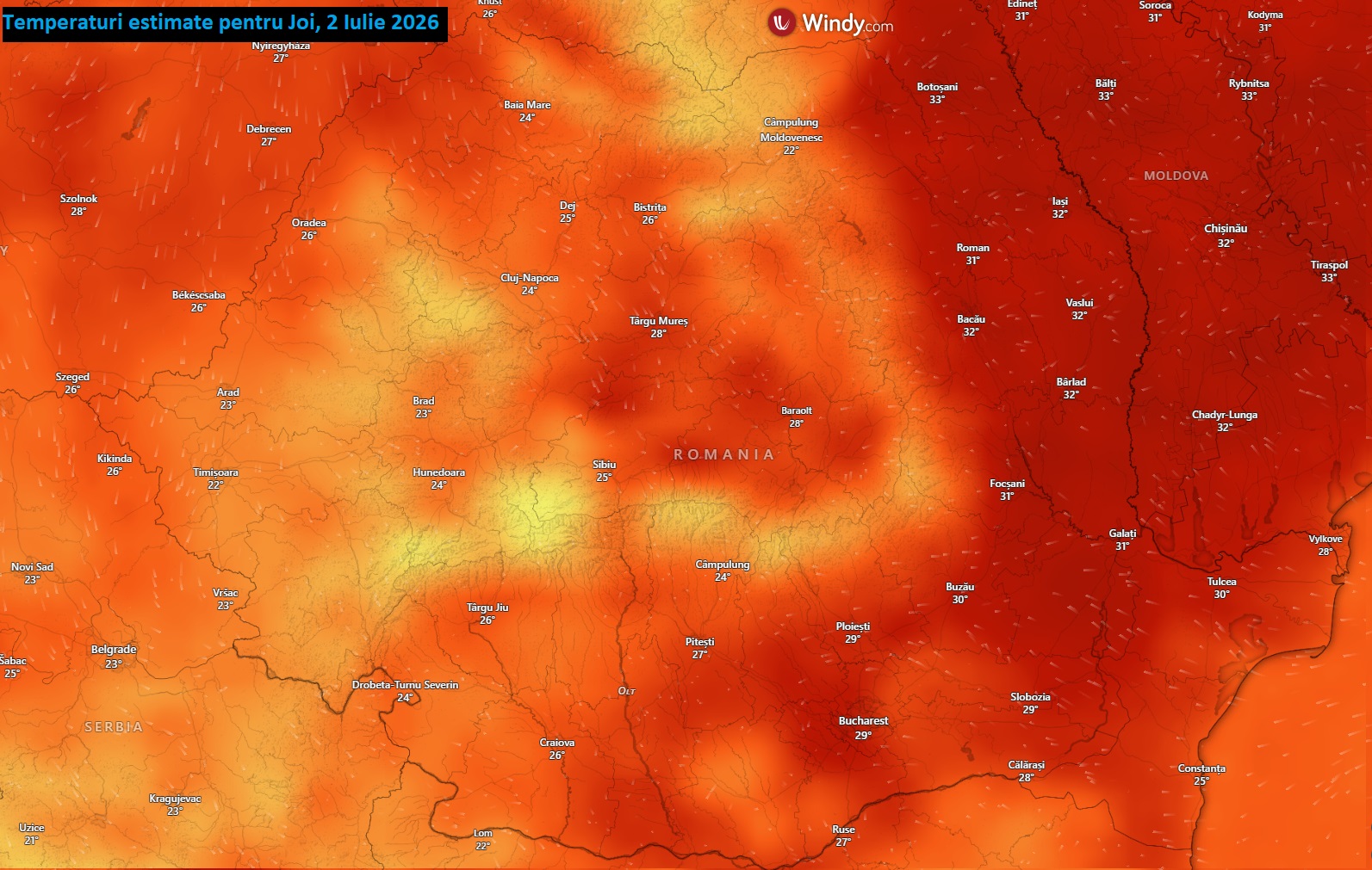 Temperaturi estimate pentru joi, 2 iulie 2026