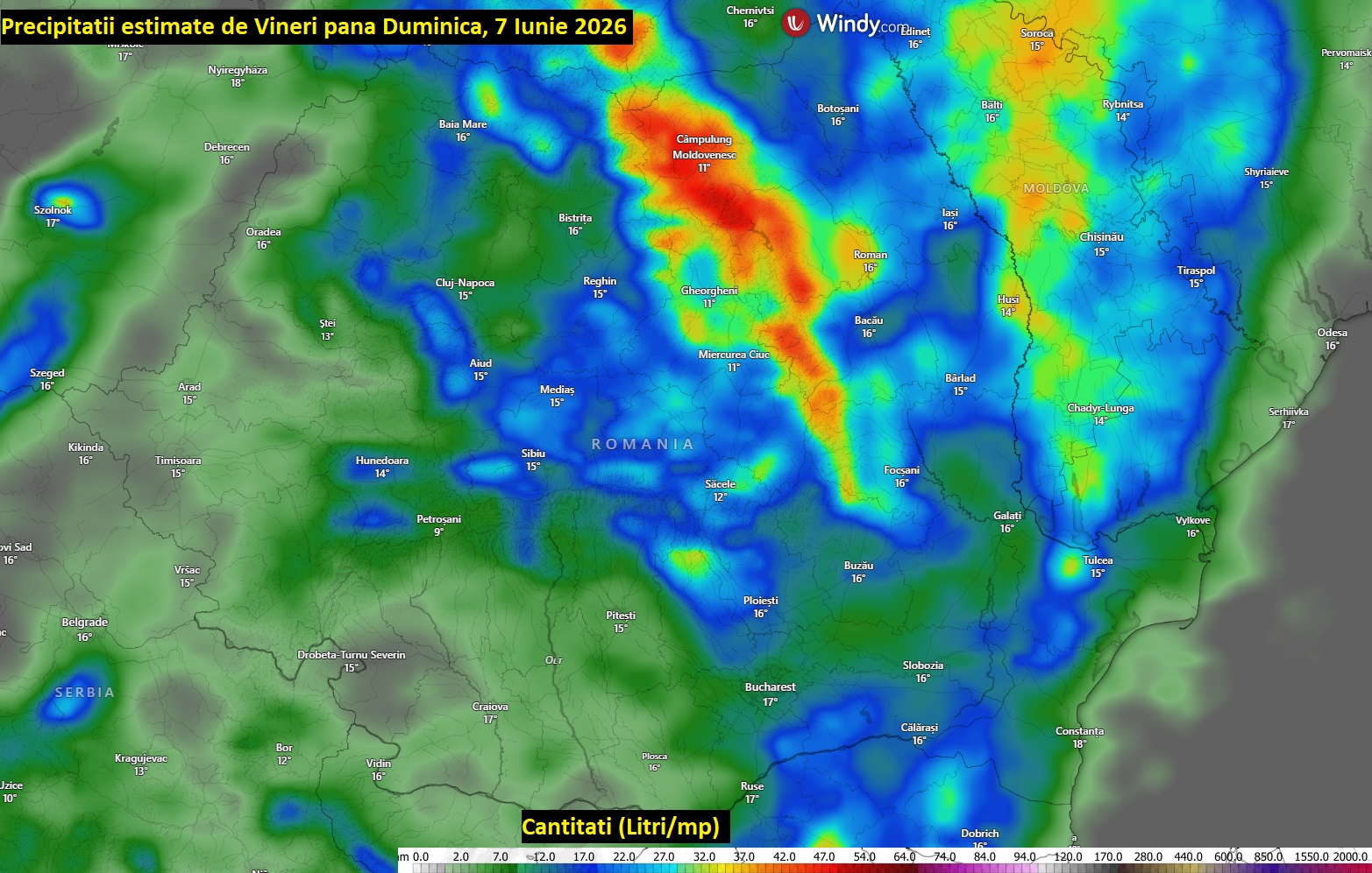 Precipitații estimate de Vineri și până Duminică, 7 Iunie 2026
