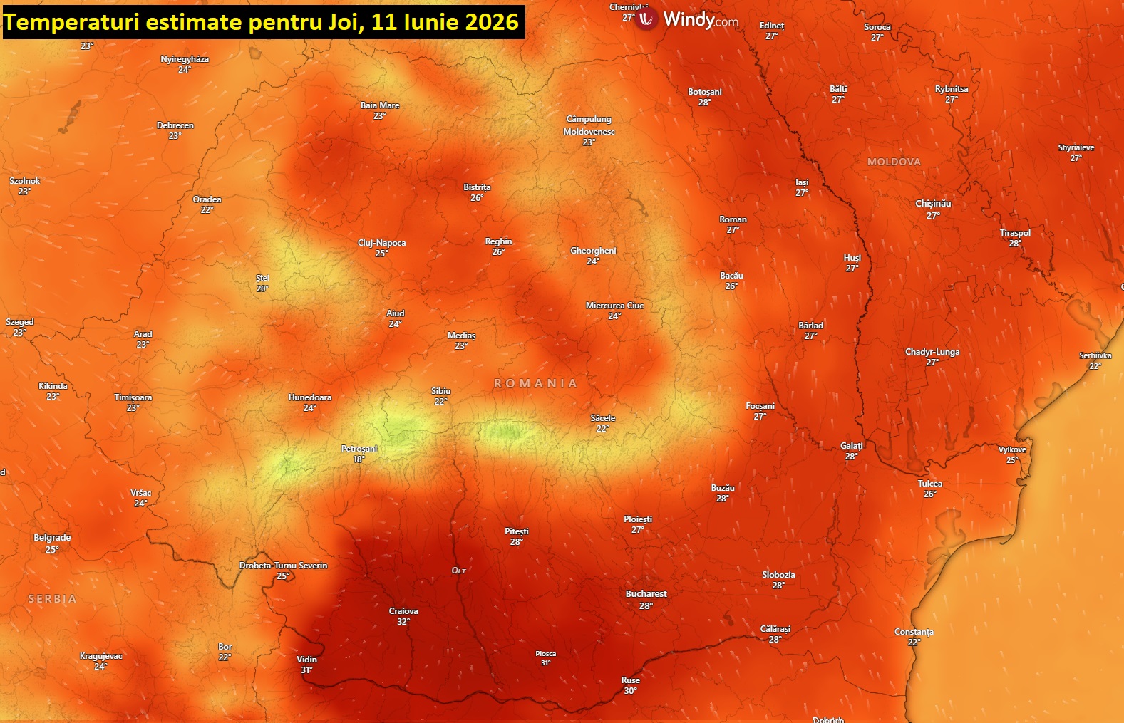 Temperaturi estimate pentru joi, 11 iunie 2026