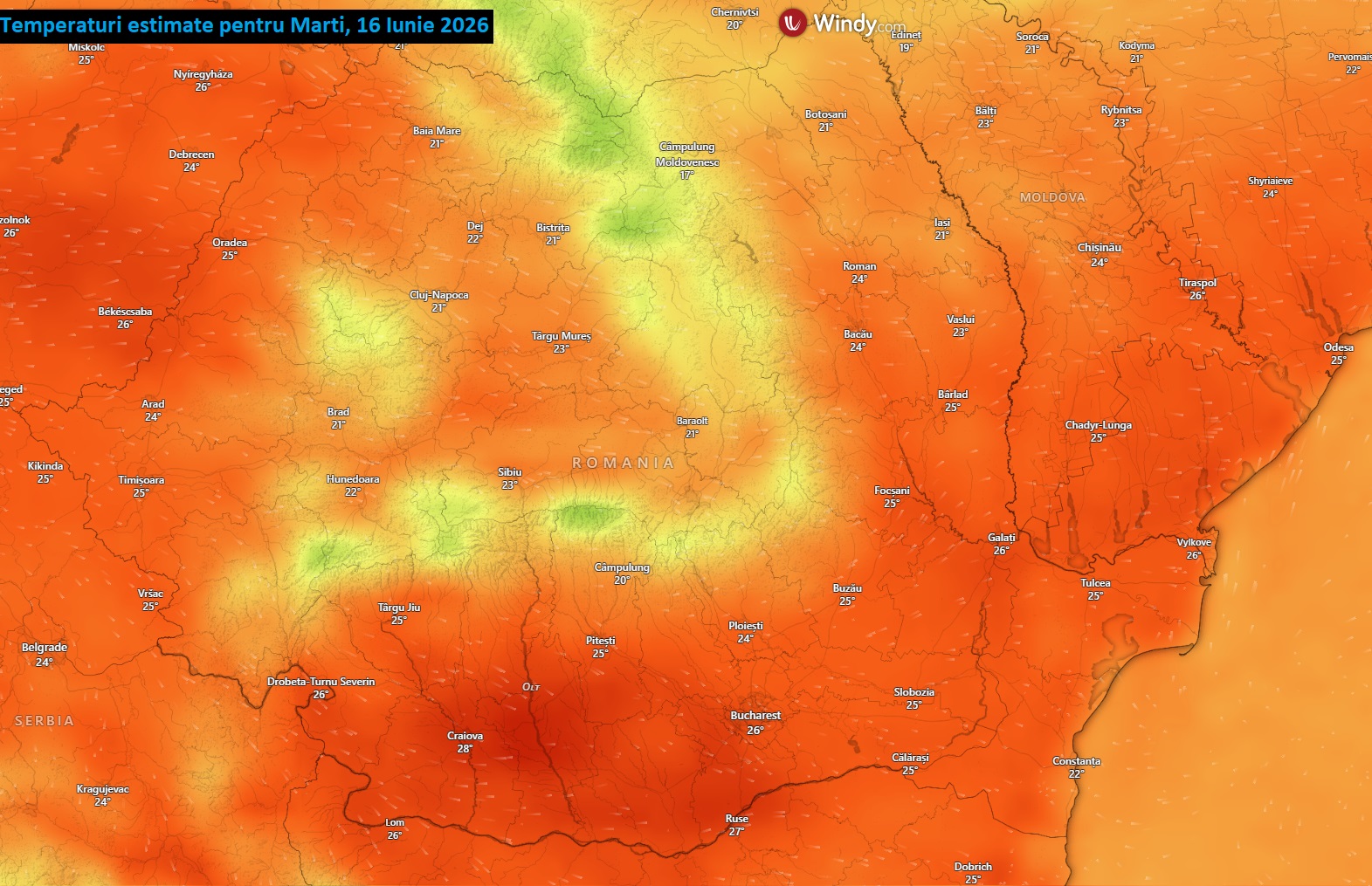 Temperaturi estimate pentru Marți, 16 Iunie 2026
