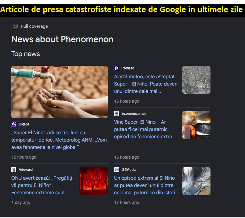 Articole catastrofiste din presa indexate de Google în ultimele zile