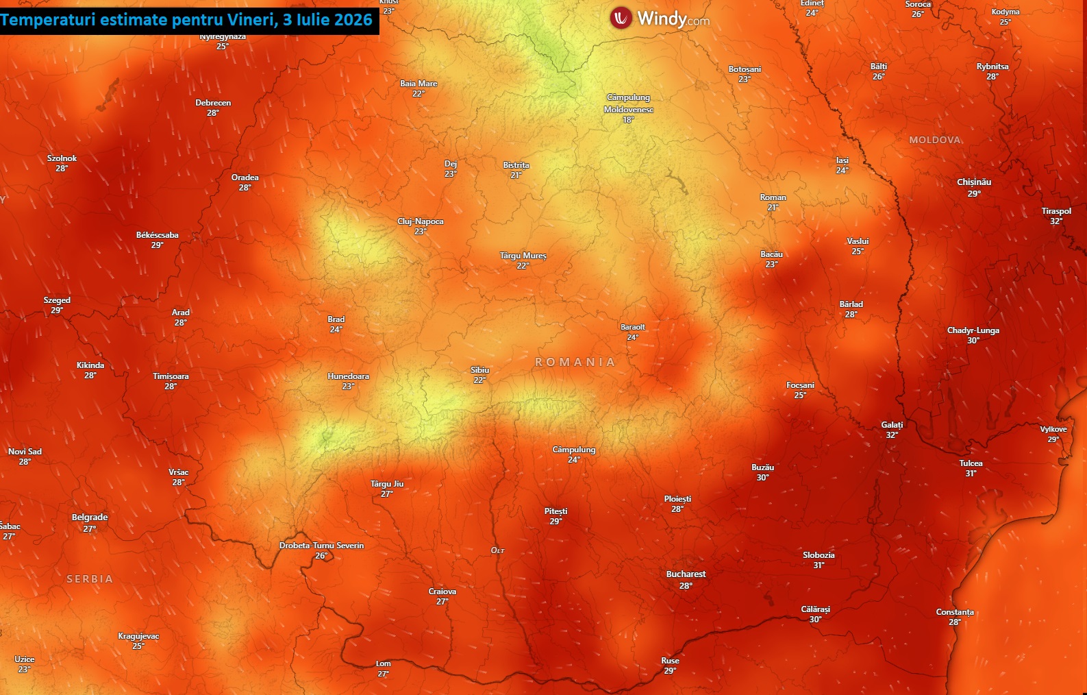 Temperaturi estimate pentru vineri, 3 iulie 2026