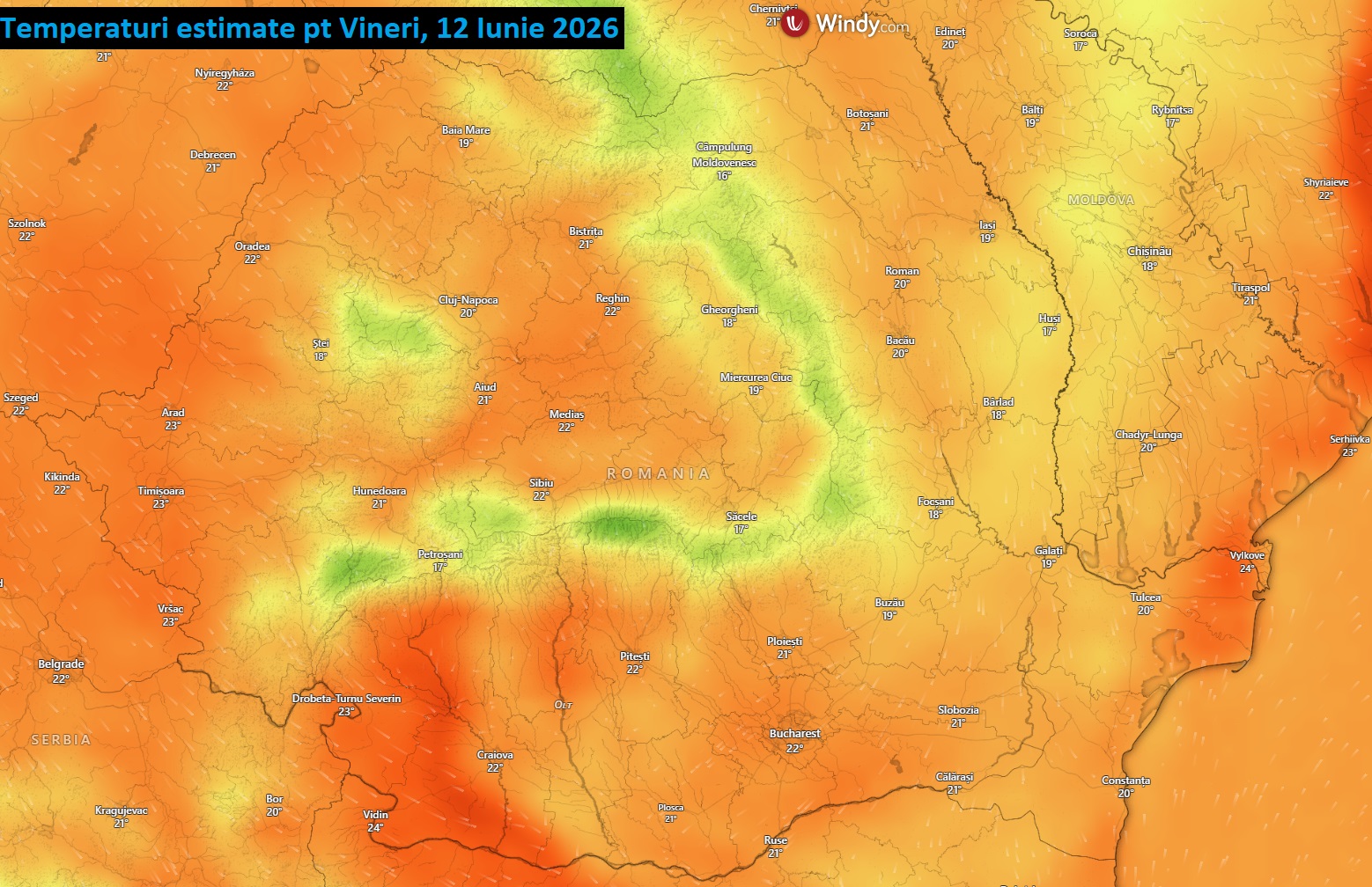 Temperaturi estimate pentru vineri, 12 iunie 2026