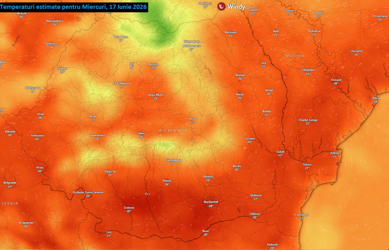 Temperaturi estimate pentru miercuri, 17 Iunie 2026