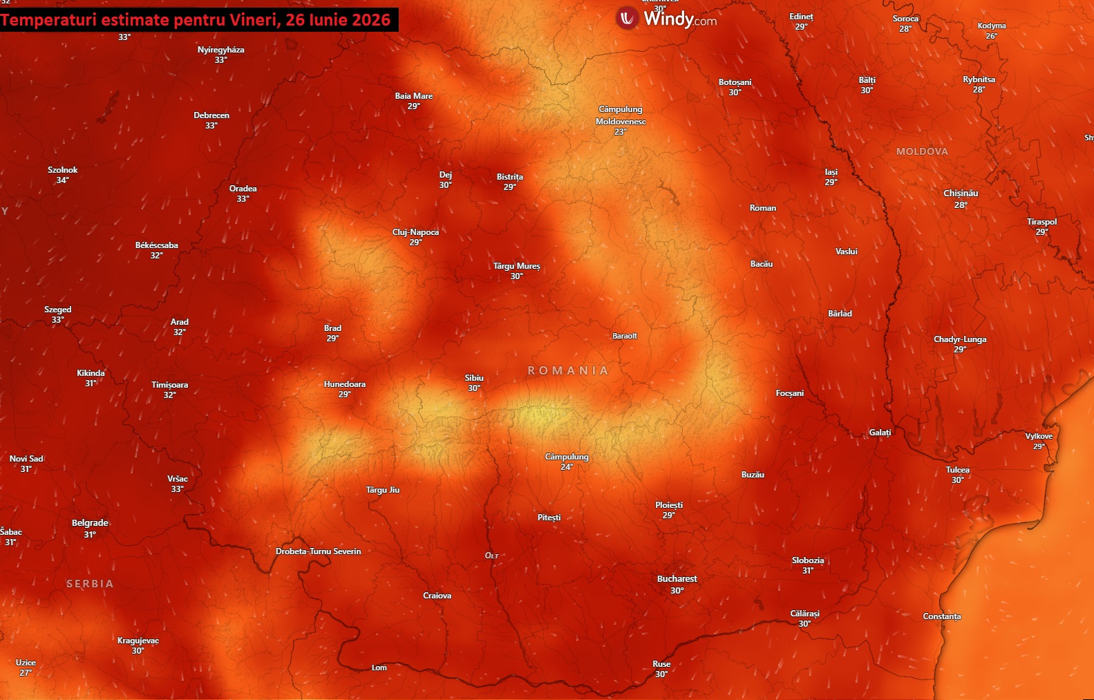 Temperaturi estimate pentru Vineri, 26 Iunie 2026