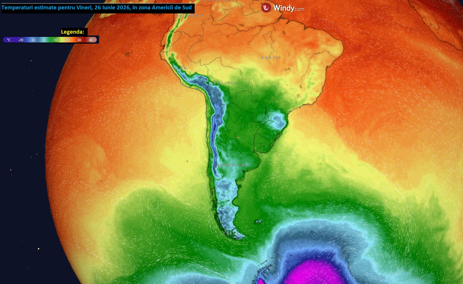 Temperaturi estimate pe continentul sud-american pentru Vineri, 26 Iunie 026