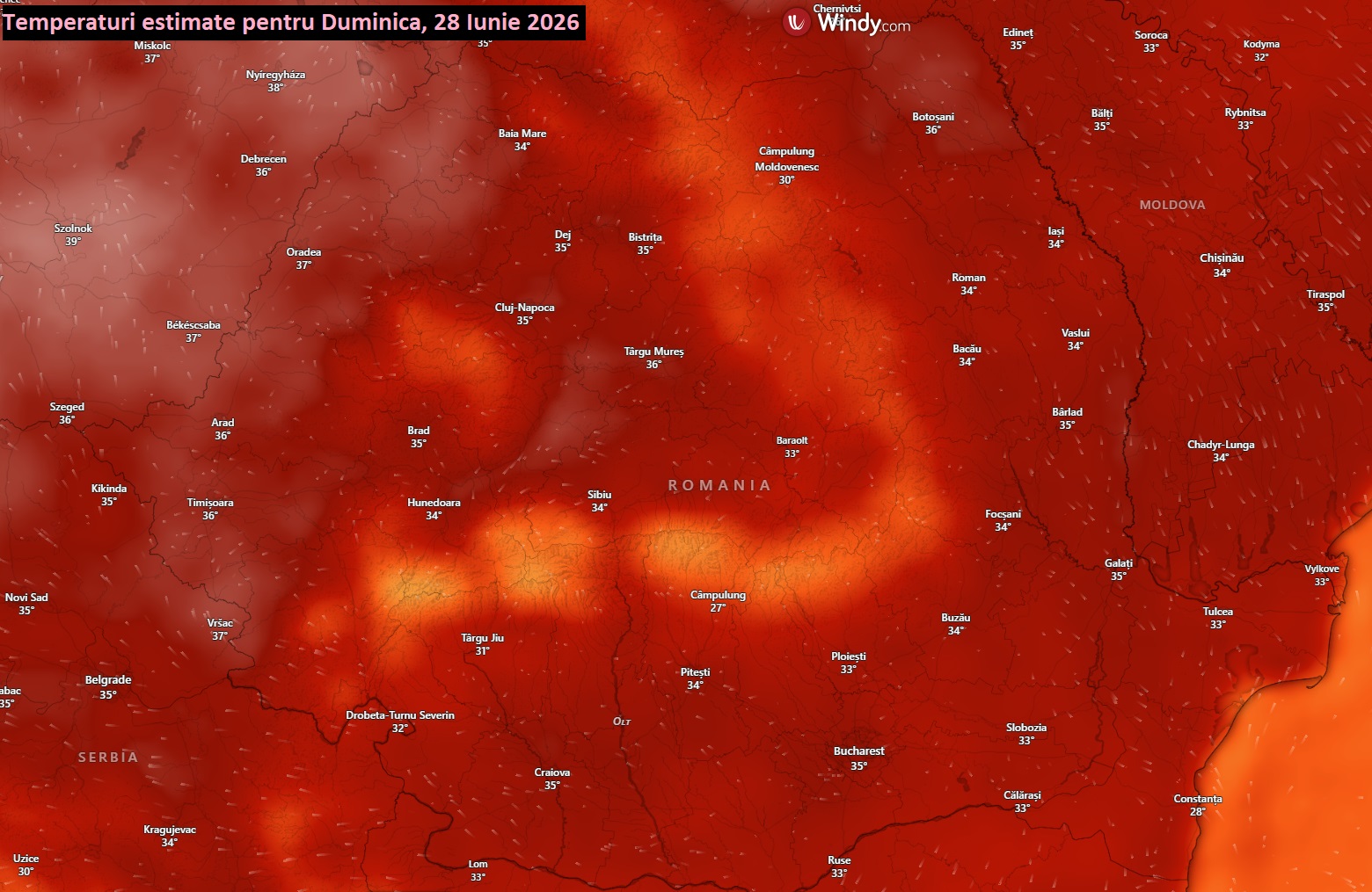 Temperaturi estimate pentru Duminică, 28 Iunie 2026