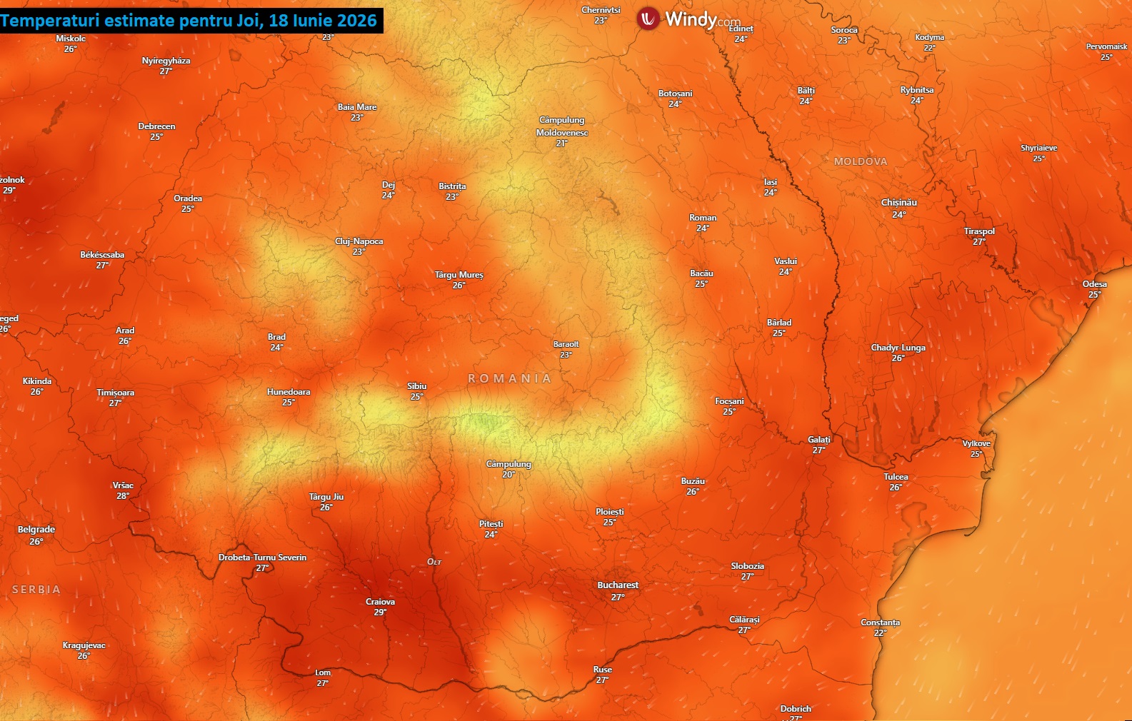Temperaturi estimate pentru Joi, 18 Iunie 2026