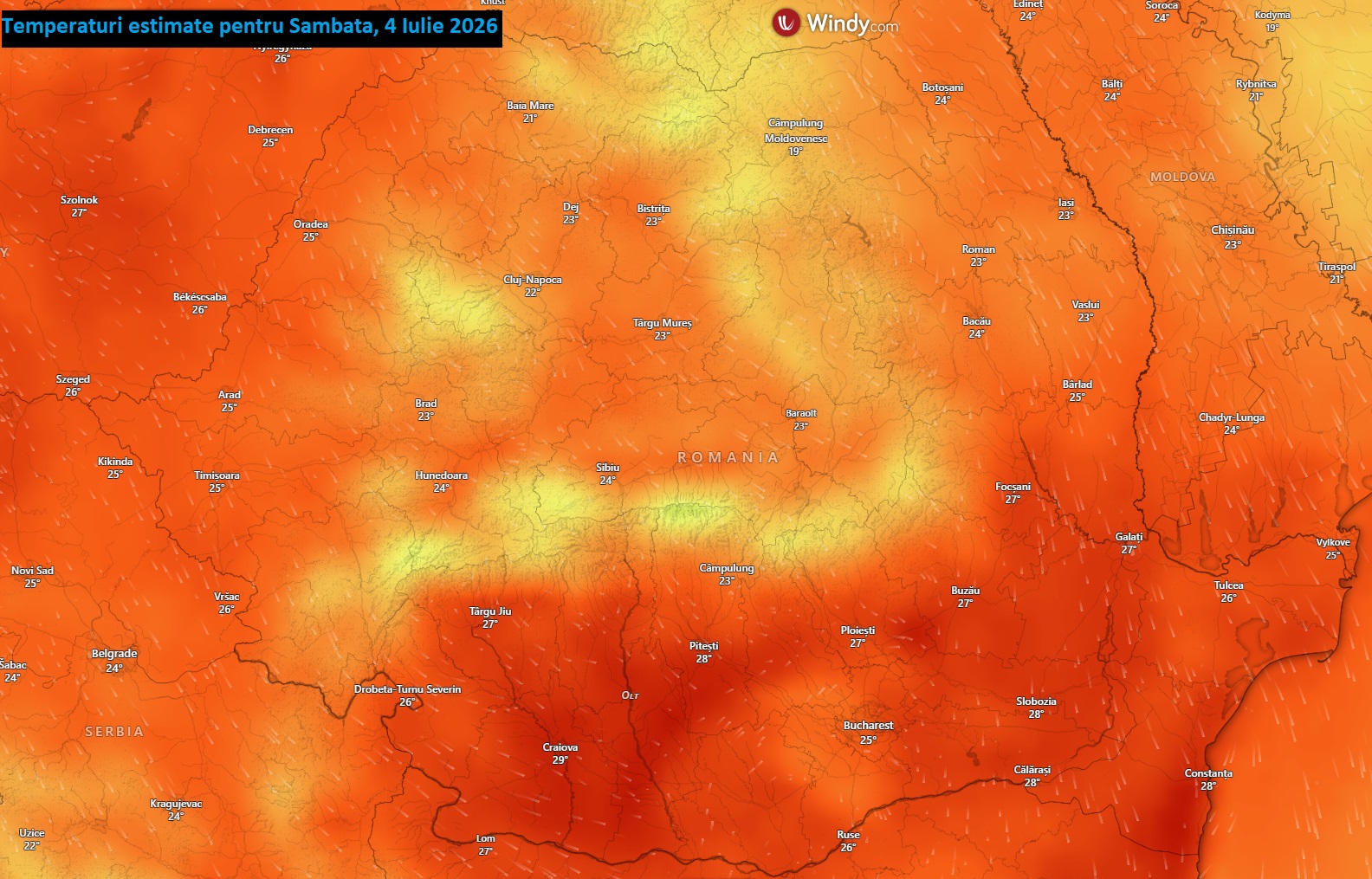Temperaturi estimate pentru sâmbătă, 4 iulie 2026