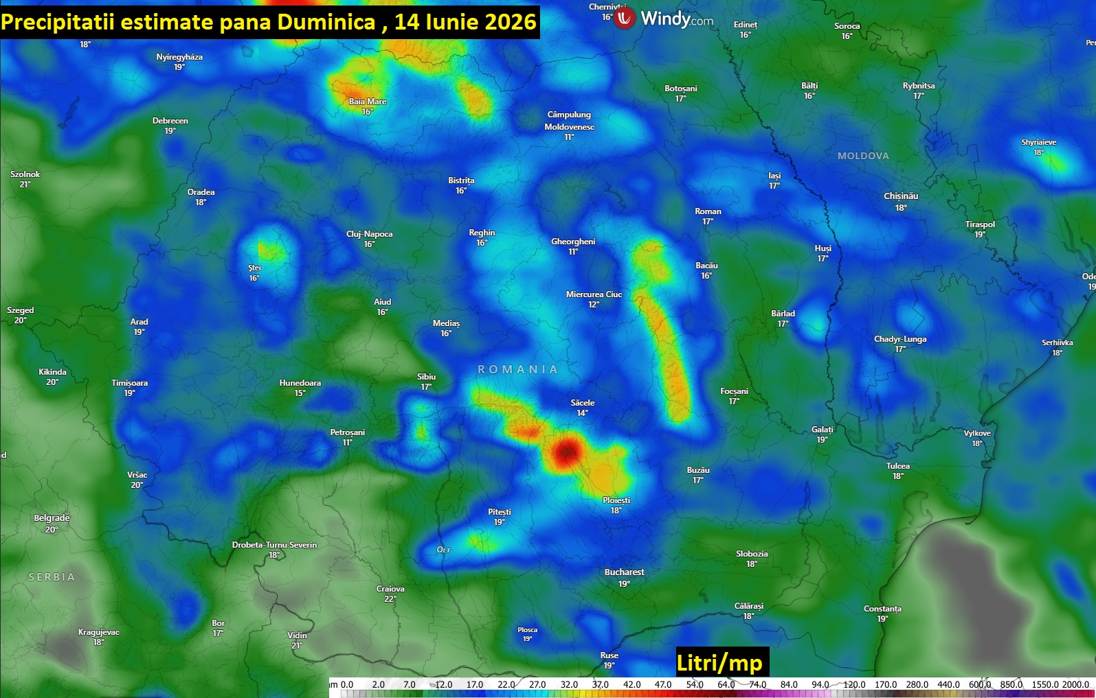 Precipitații estimate până duminică, 14 iunie 2026