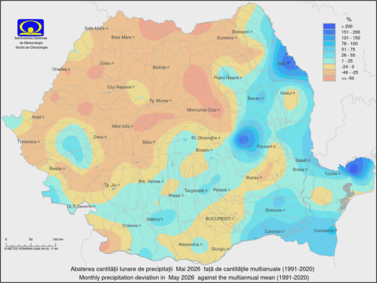 Abaterea cantității de precipitații în mai 2026 față de mediile multianuale